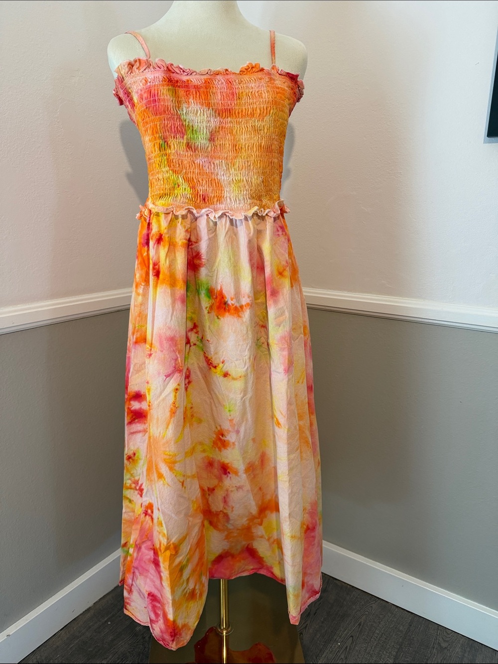 Women’s custom Tie-Dye Smocked Sundress in Pink & Orange